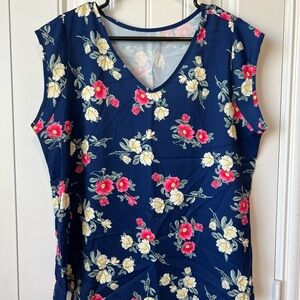 Floral V-Neck Women Top - Blue with Red and Yellow Flowers